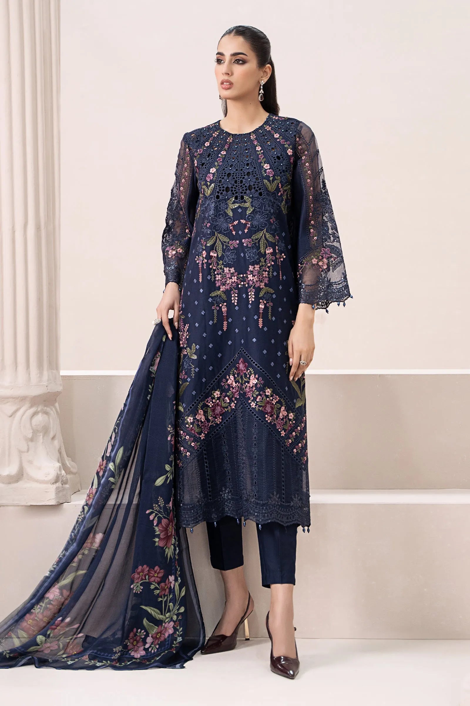 Samira - Luxury Lawn 3PC Chikenkari Heavy Embroidered Suit | ZF-072 Unstitched Summer Luxe '26