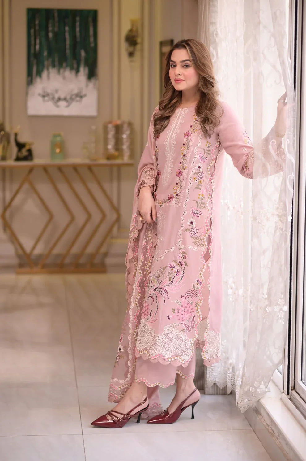 Luxe Pink - Zf -011 Luxury Lawn 3PC Chikenkari Heavy Embroidered Suit | ZF 011 - Unstitched Summer Luxe '26