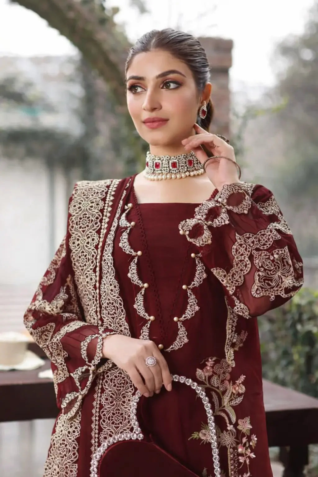 Mah-e-Rukh Mahroon  - Zf -03 Luxury Lawn 3PC Chikenkari Heavy Embroidered Suit | Summer Luxe '26