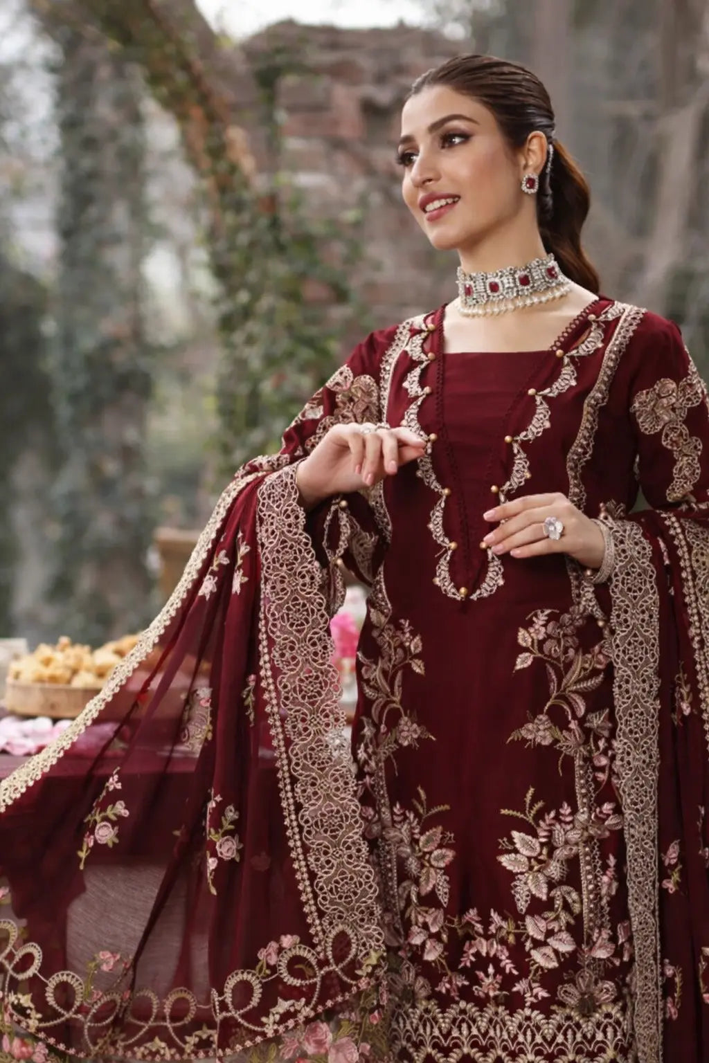 Mah-e-Rukh Mahroon  - Zf -03 Luxury Lawn 3PC Chikenkari Heavy Embroidered Suit | Summer Luxe '26