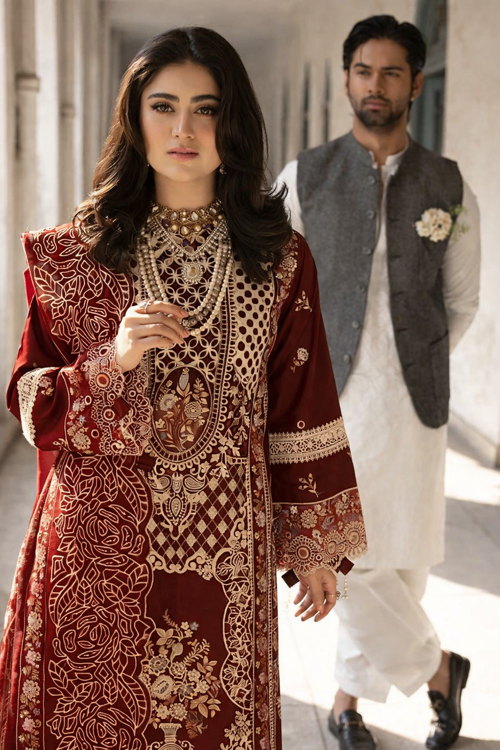 Mahnur Mahroon - Luxury Lawn 3PC Chikenkari Heavy Embroidered Suit | ZF-055  Summer Luxe '26