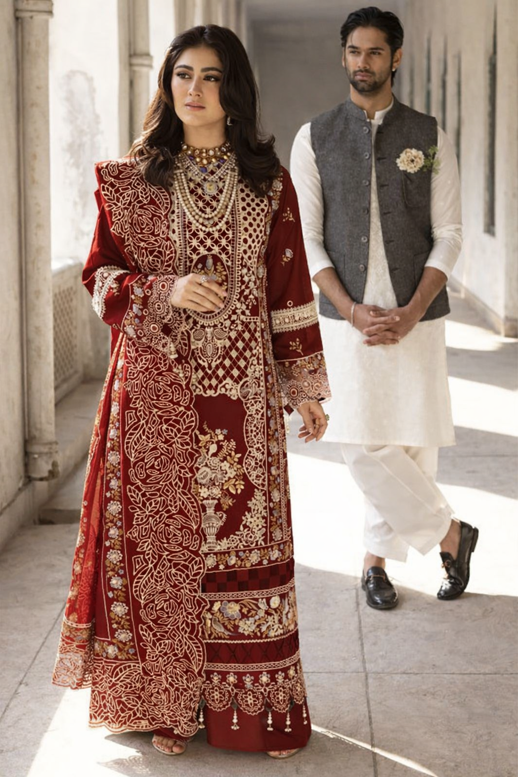 Mahnur Mahroon - Luxury Lawn 3PC Chikenkari Heavy Embroidered Suit | ZF-055  Summer Luxe '26
