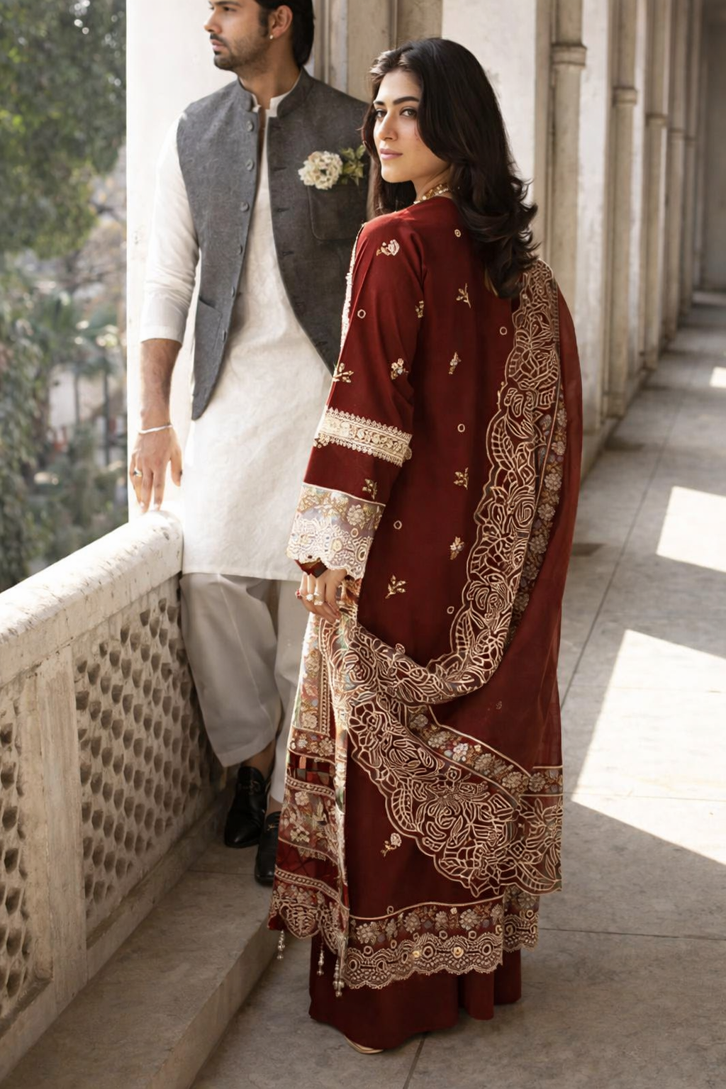 Mahnur Mahroon - Luxury Lawn 3PC Chikenkari Heavy Embroidered Suit | ZF-055  Summer Luxe '26
